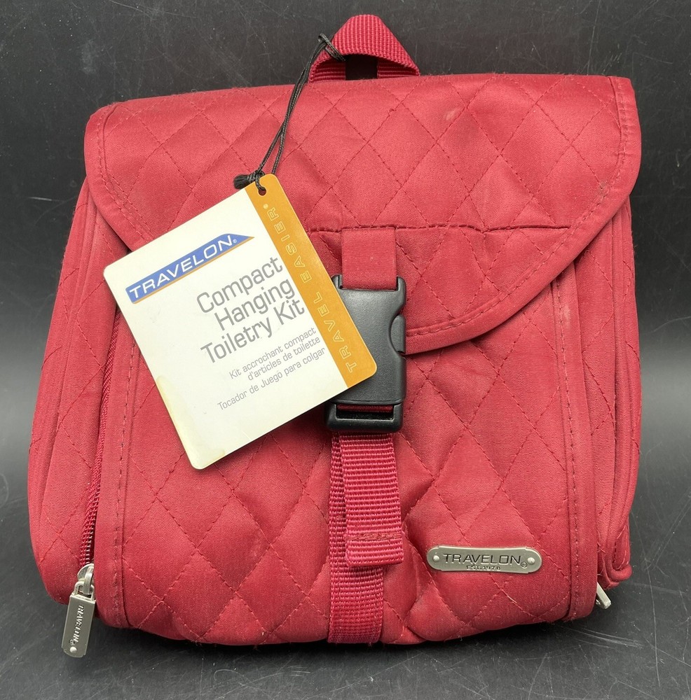 Travelon Compact Hanging Toiletry Kit Travel Makeup Bag Organizer Red Maroon