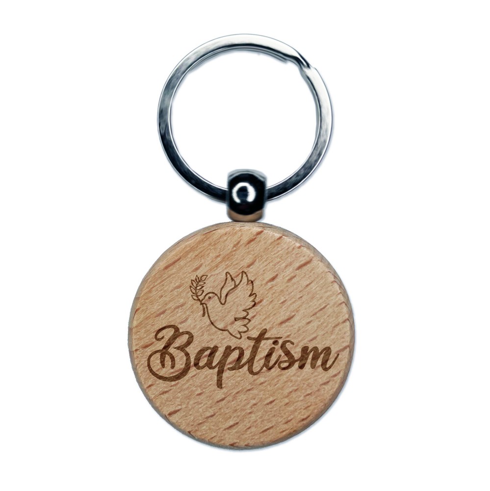 Baptism Dove Christening Engraved Wood Round Keychain Tag Charm