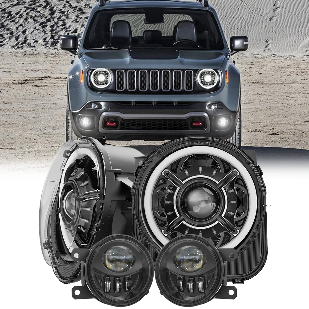 9inch LED Halo DRL Headlights Fog Lights Assembly For Jeep Renegade 2015-2022