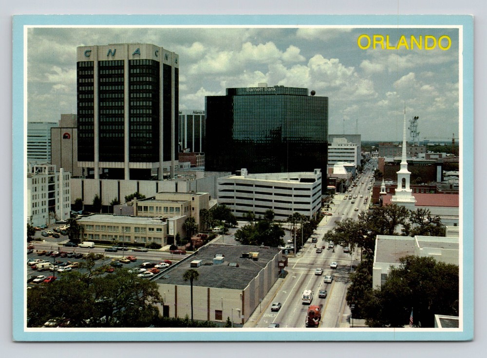 Postcard Orlando Florida Downtown Aerial View Old Cars