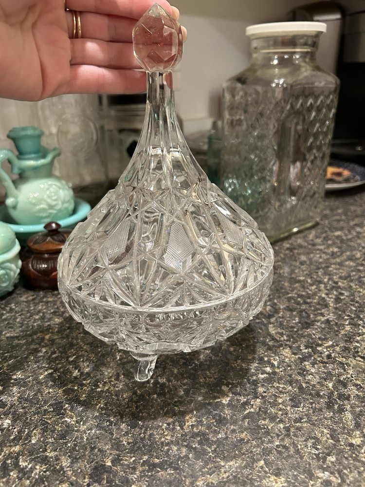 Vintage Heavy Cut Crystal Footed Candy Dish with Faceted Steeple Lid 9 Inch