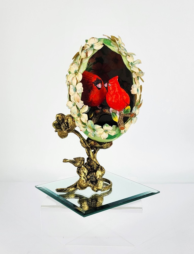Handmade 80s 3D Egg Decoupage with Cardinals and Dogwood on Metal Base for Easter Decor