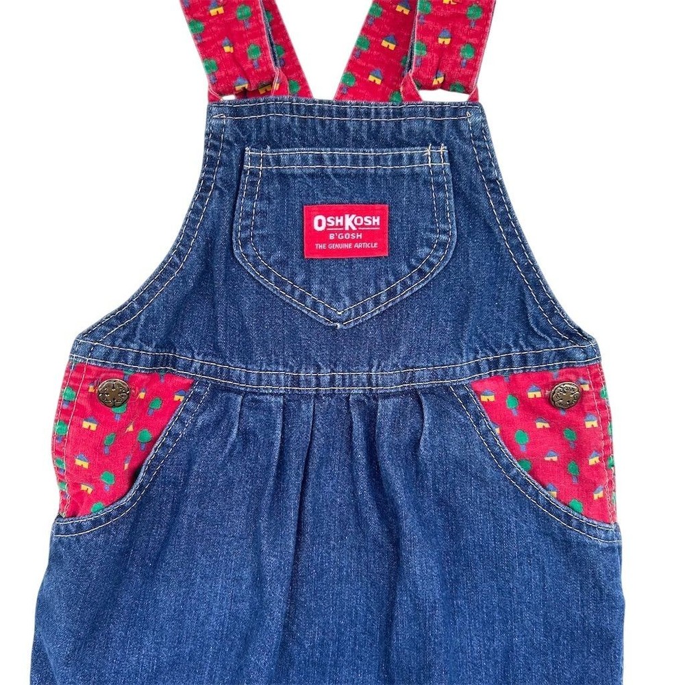 VTG USA Made OshKosh B'gosh Denim Overalls Dress Blue Red Tree Print Straps Sz 5