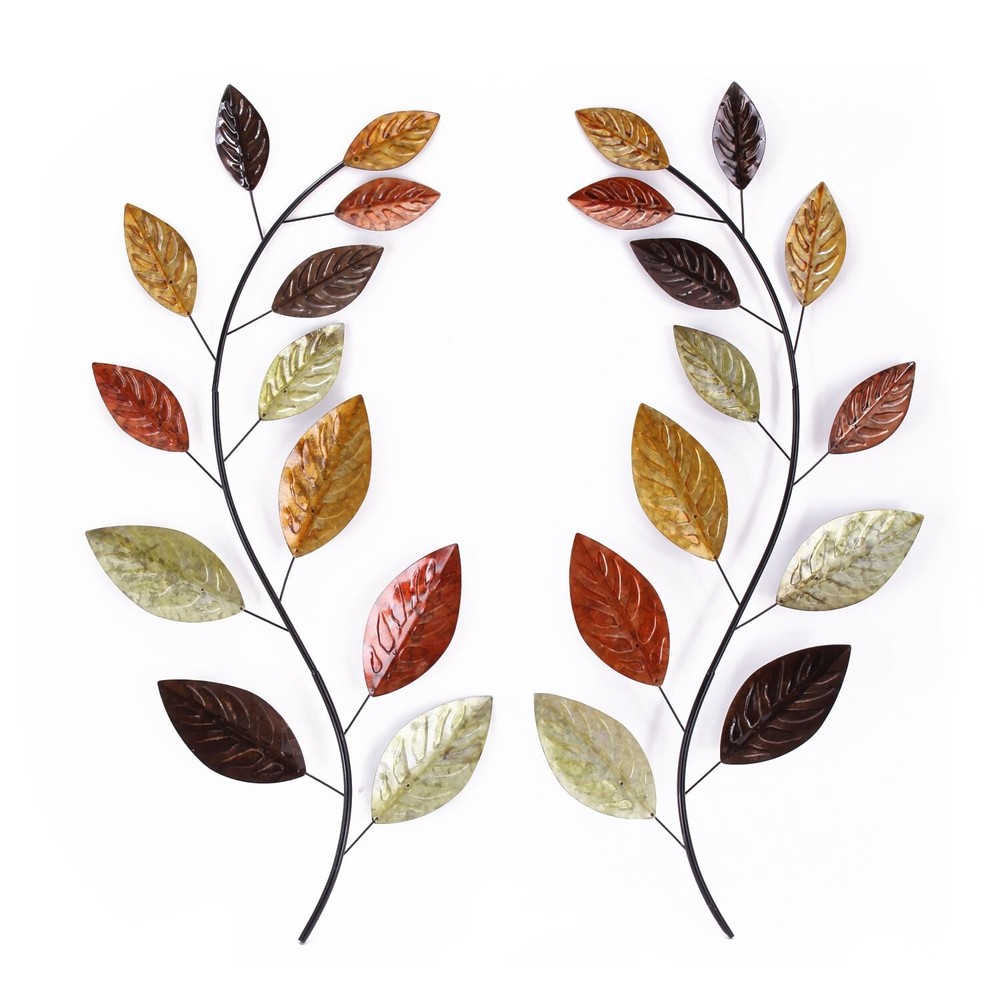 Asense Set of 2 Metal Tree Leaf Wall Hanging Art Decor, 38 Inch Iron Olive Br...