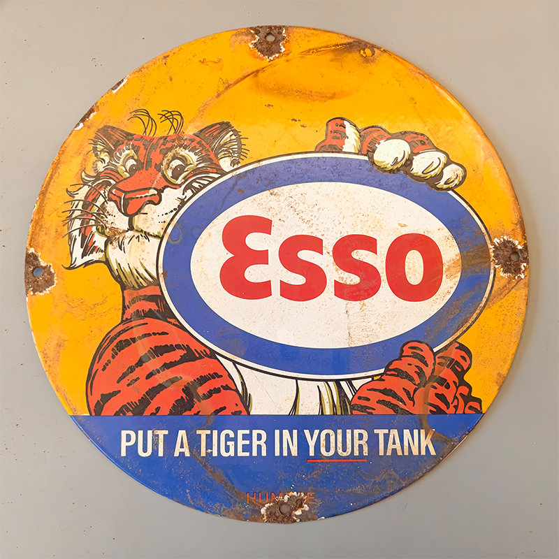 VINTAGE ESSO TIGER ROUND PORCELAIN ENAMEL 