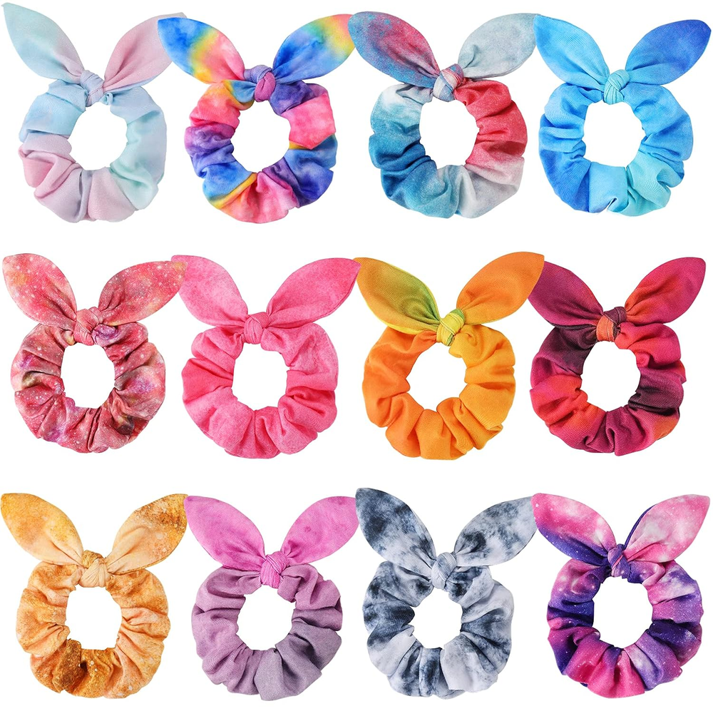 Cute Bunny Ear Bow Scrunchies for Hair - 12 Pcs Fashion Hair Accessories by Funtopia