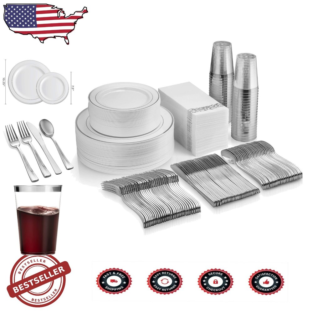 High-Quality 350 Piece Disposable Dinnerware - Silver Plates, Cups & Silverware