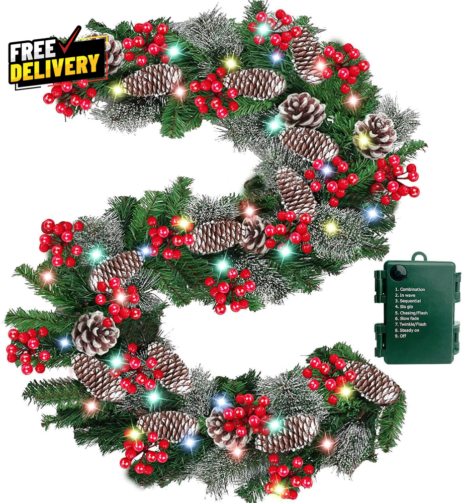 9Ft Prelit Christmas Garland 50 Colorful Lights Snowy Tips Red Berries Pinecones