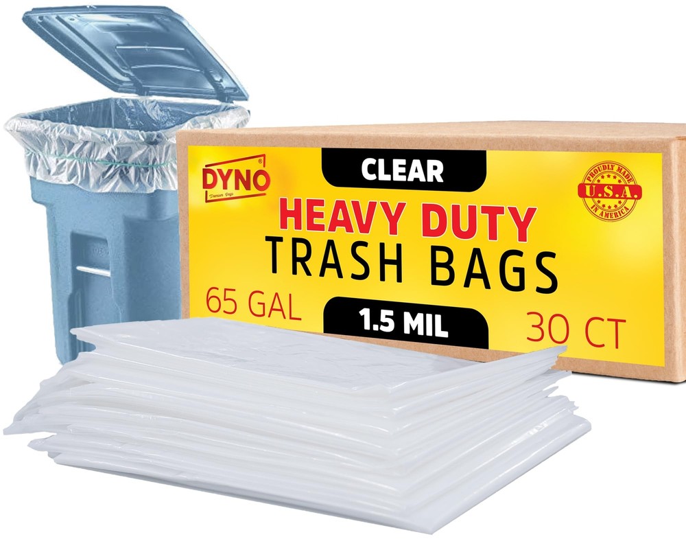 65 Gallon Heavy Duty Trash Bags, 1.5 Mil Clear, 30 Count, Large Trash Bags, I...