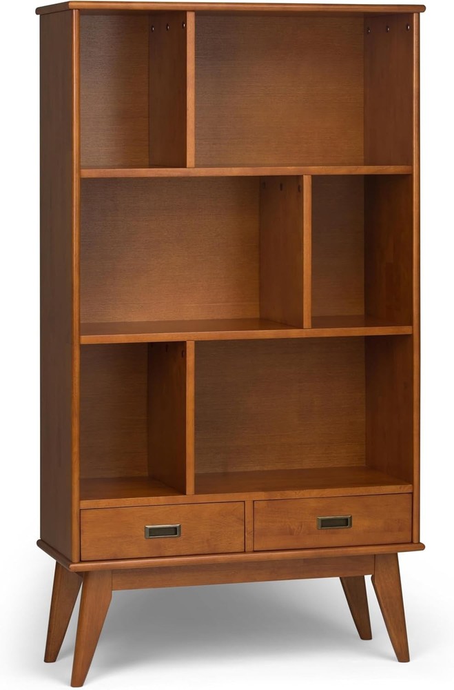 Draper Bookcase - 64 Inch Tall Solid Hardwood Wide Storage Bookshelf in Teak Bro