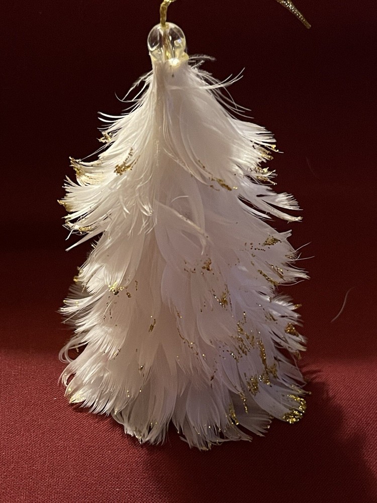 Vintage white feather Christmas tree with gold trim ornament flocked base 4.5
