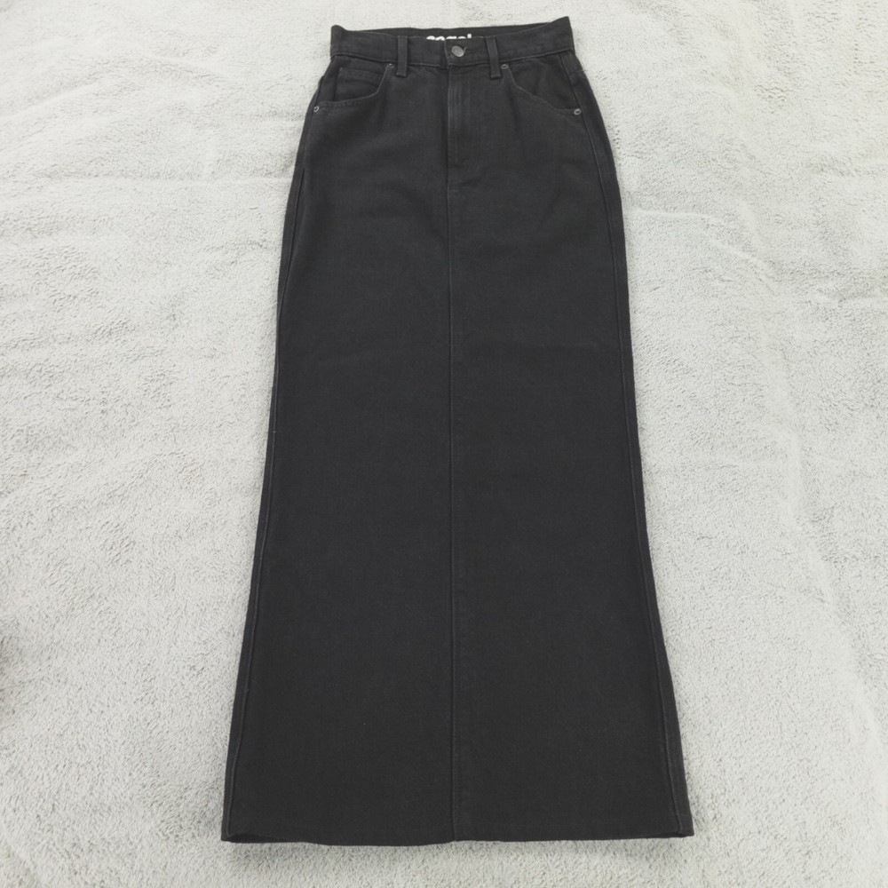 Mother SNACKS Denim Maxi Skirt Womens 24 Black with Back Slit Design