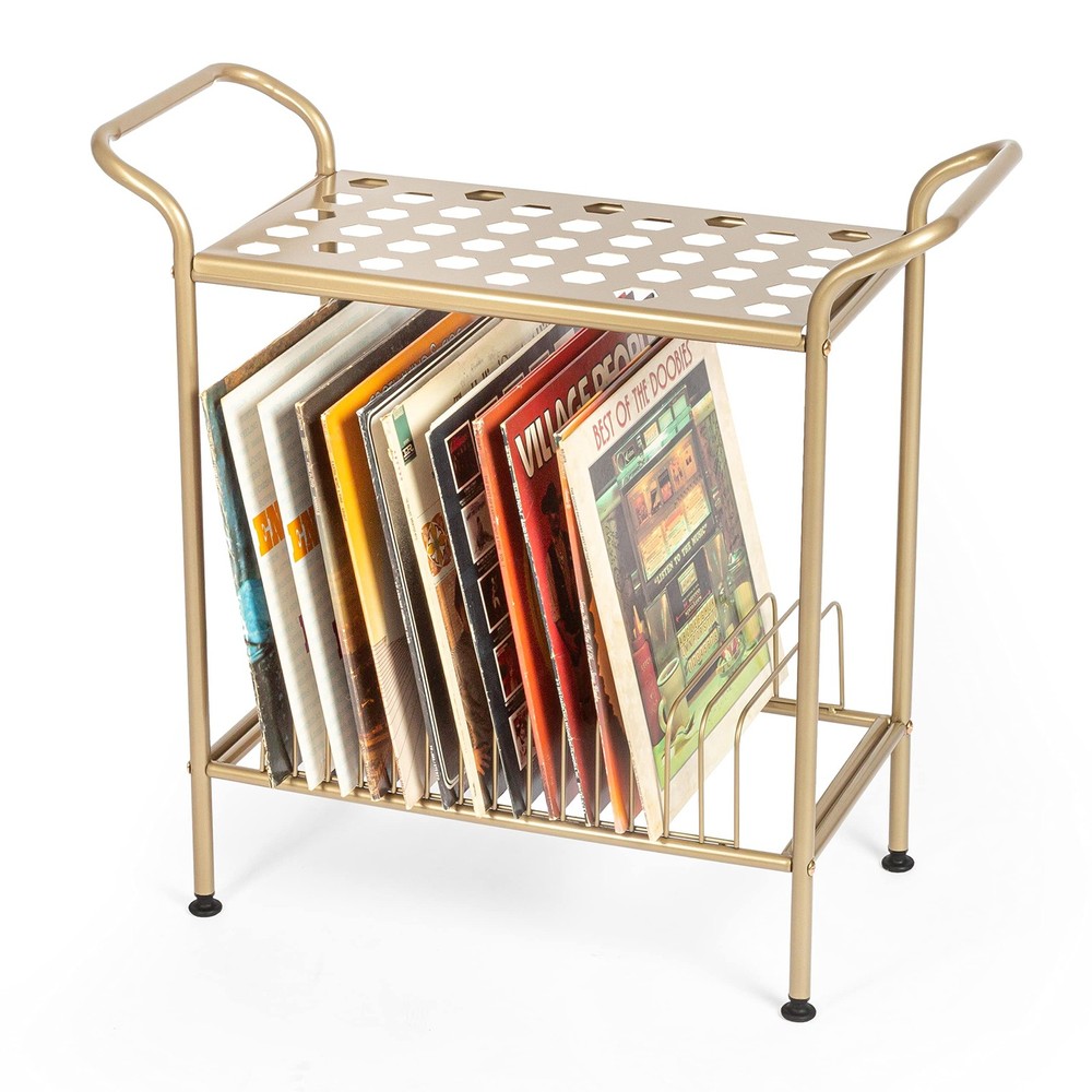 2-Tier Gold Metal Vinyl Record Player Stand with Storage Shelves