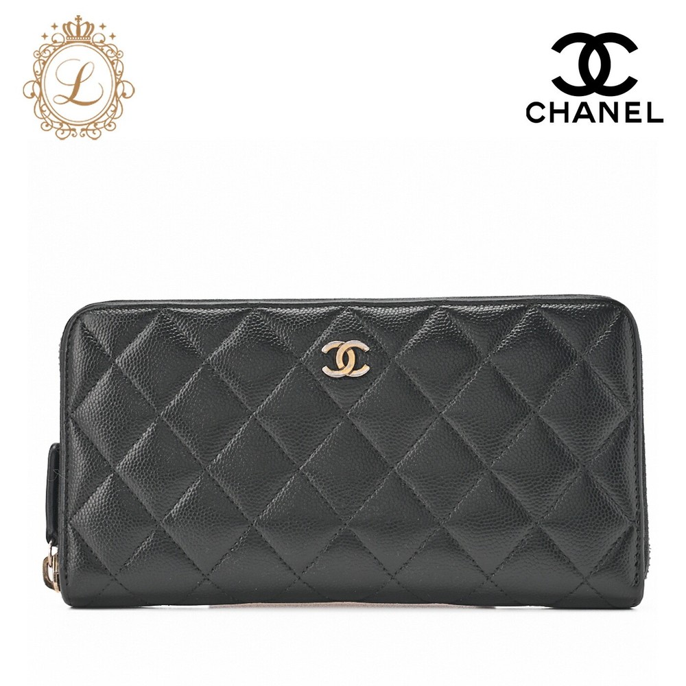 CHANEL Caviar Leather Round Long Wallet Black with Gold Hardware for Women  