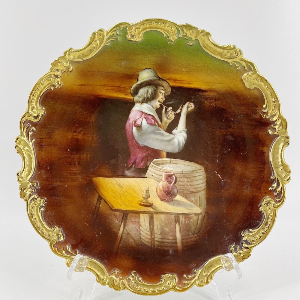Antique Royal Bayreuth Bavaria Painted Wall Plate of Pipe Smoking Gentleman