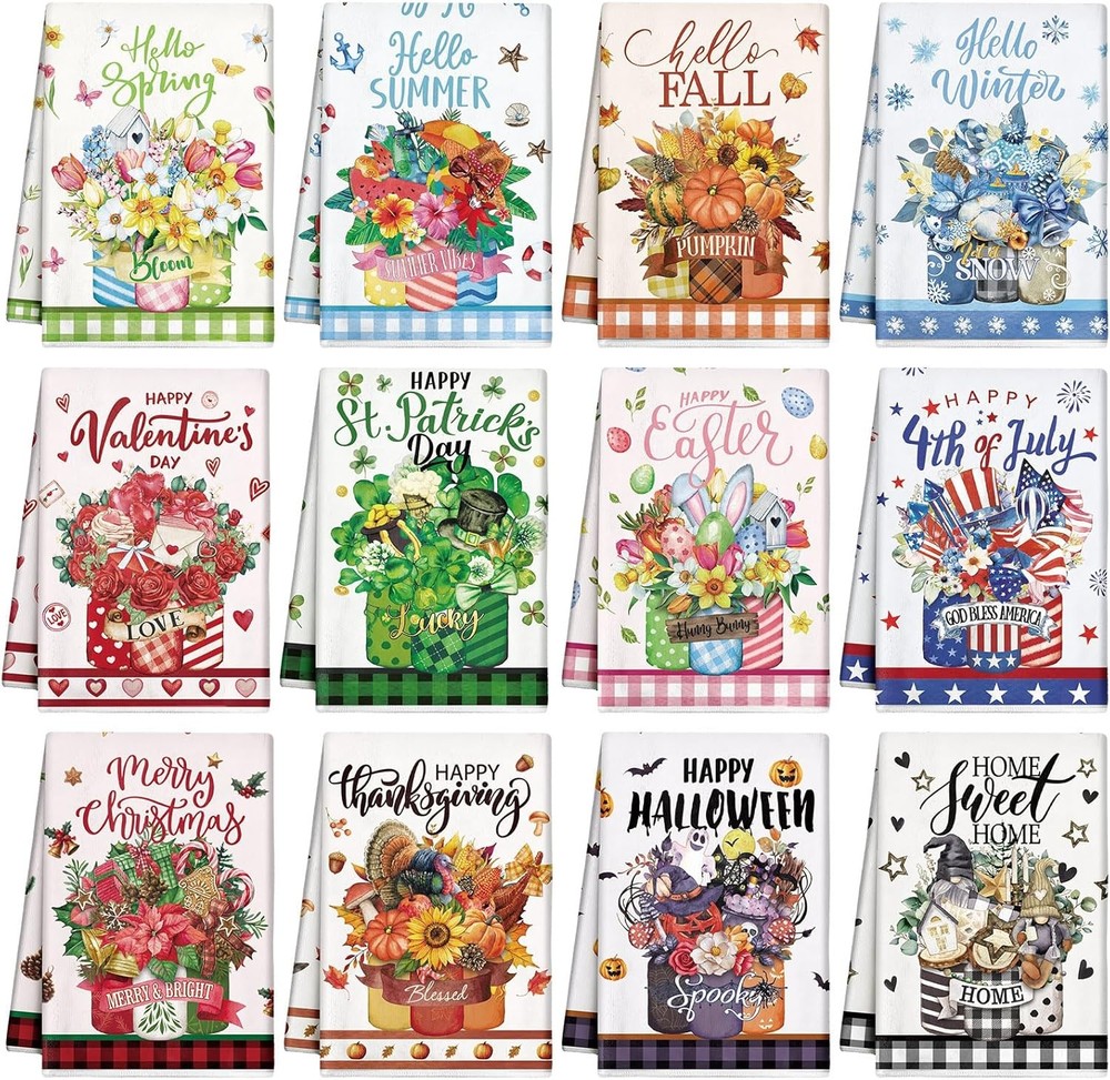 12 Pcs Seasonal Kitchen Towels Set for All Holidays Spring Easter Irish Hand Dis