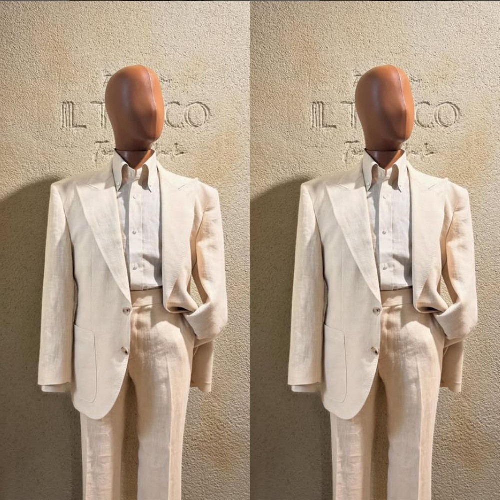 Beige Linen Mens Summer Wedding Suit Peak Lapel Groom Tuxedo 2-Piece