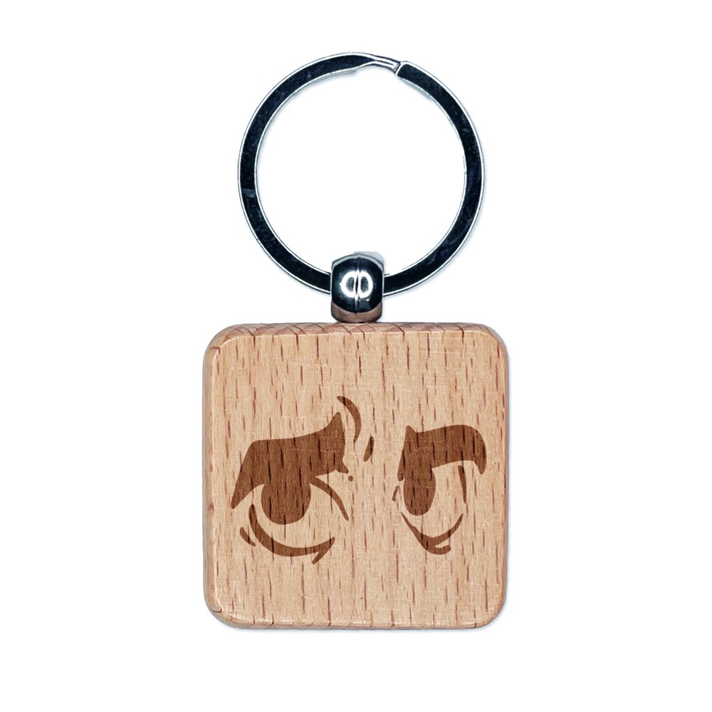 Worried Cartoon Eyes Looking to the Side Engraved Wood Square Keychain Tag Charm
