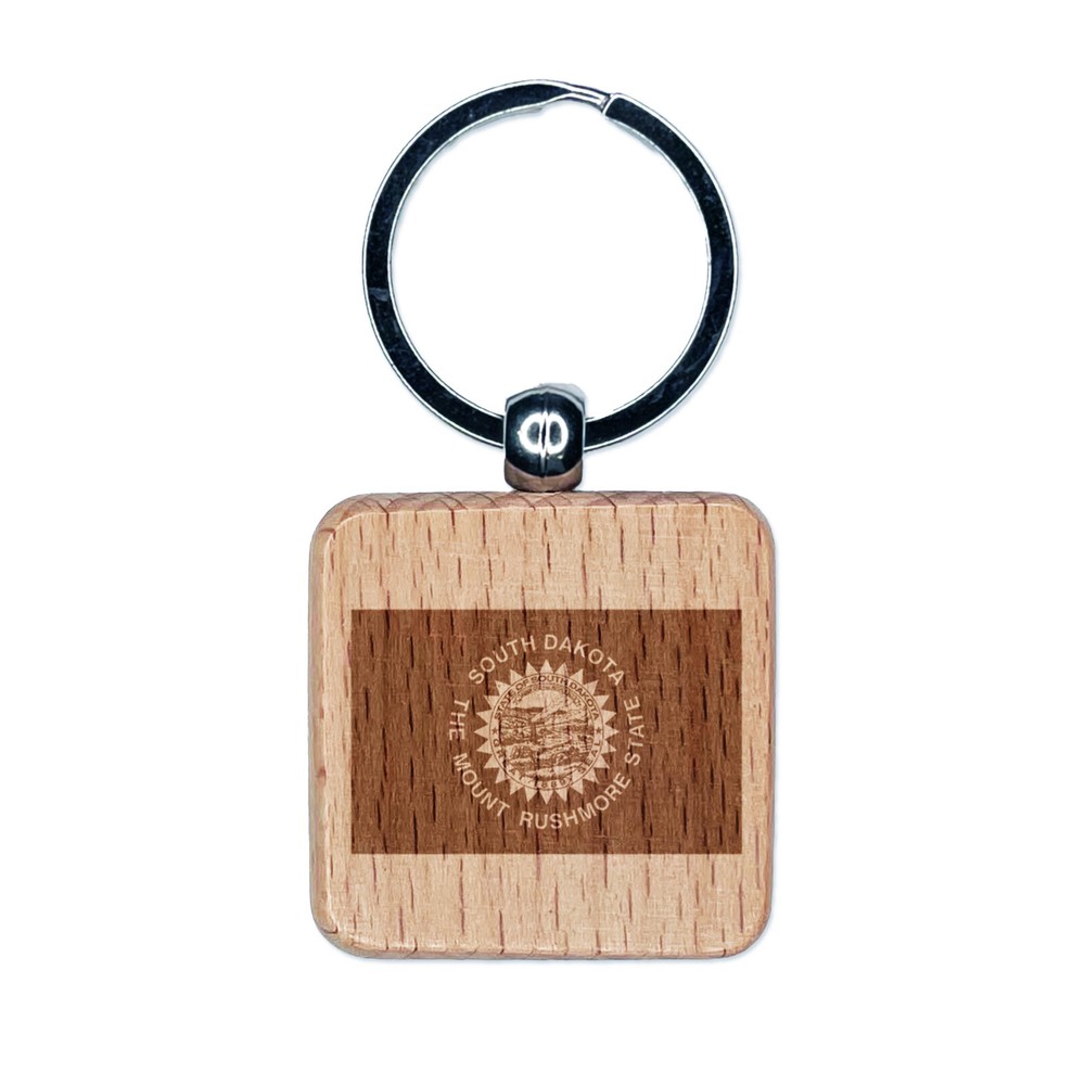 South Dakota State Flag Engraved Wooden Square Keychain Charm
