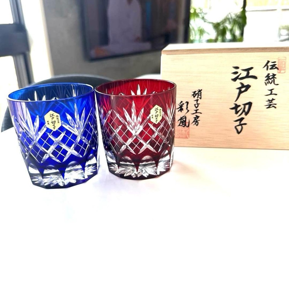 Edo Kiriko Glass Pair 4.7in Unused Traditional Craft Old Rocks Studio Saiho