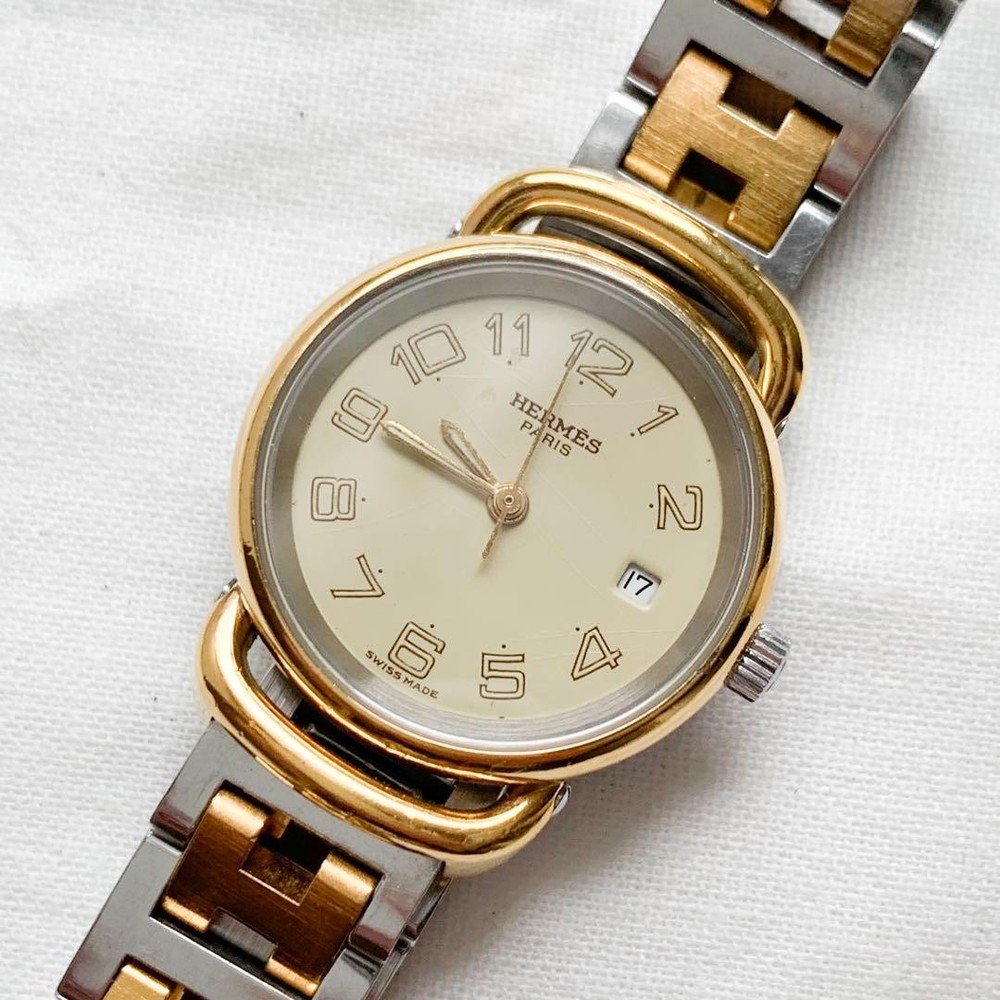 Hermès Pullman Women's Ivory Dial Silver Gold Belt Watch From Japan