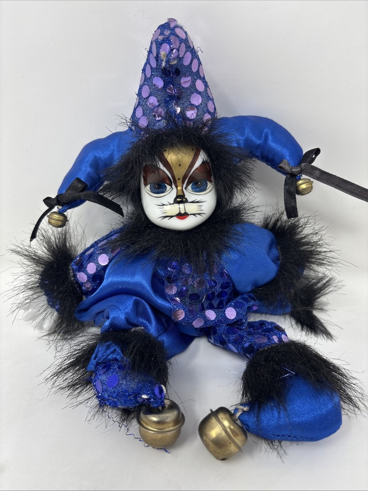 Mardi Gras Jester Doll with Blue Porcelain Cat Face Unbranded and Missing Bell Vintage Collectible