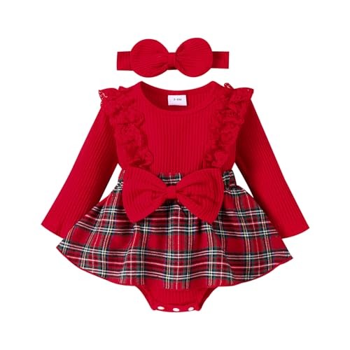 Christmas Baby Girl Plaid Romper Dress Ruffle Long Sleeve 0-3 Months Red-2