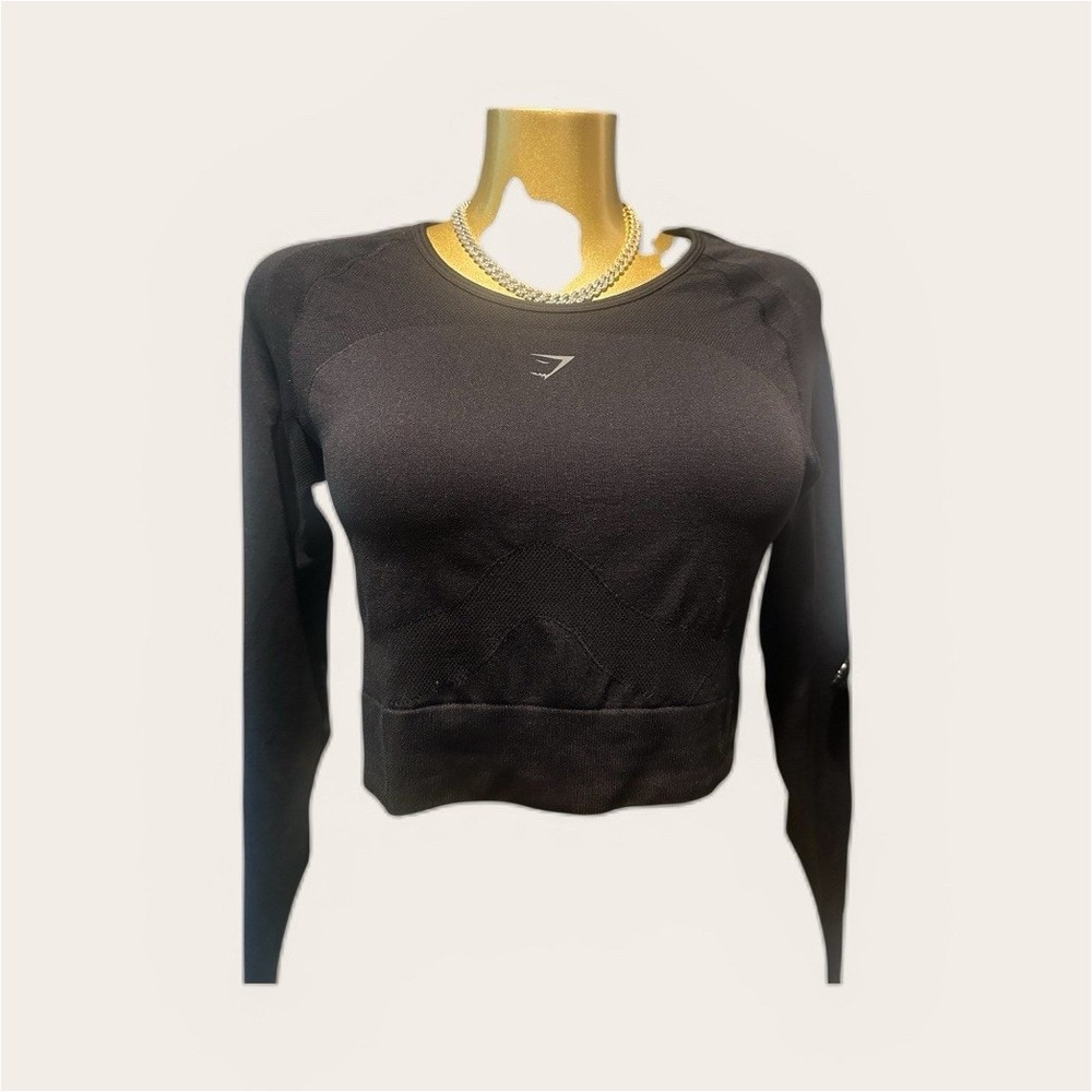 Gymshark Cropped Long Sleeve Activewear Top Black Keyhole Back Women's Size L