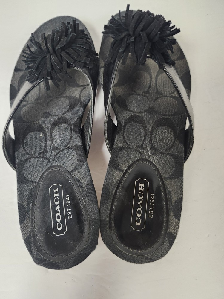 Authentic Coach Suki Flip Flop Black Fringe Logo Sandal Size 6