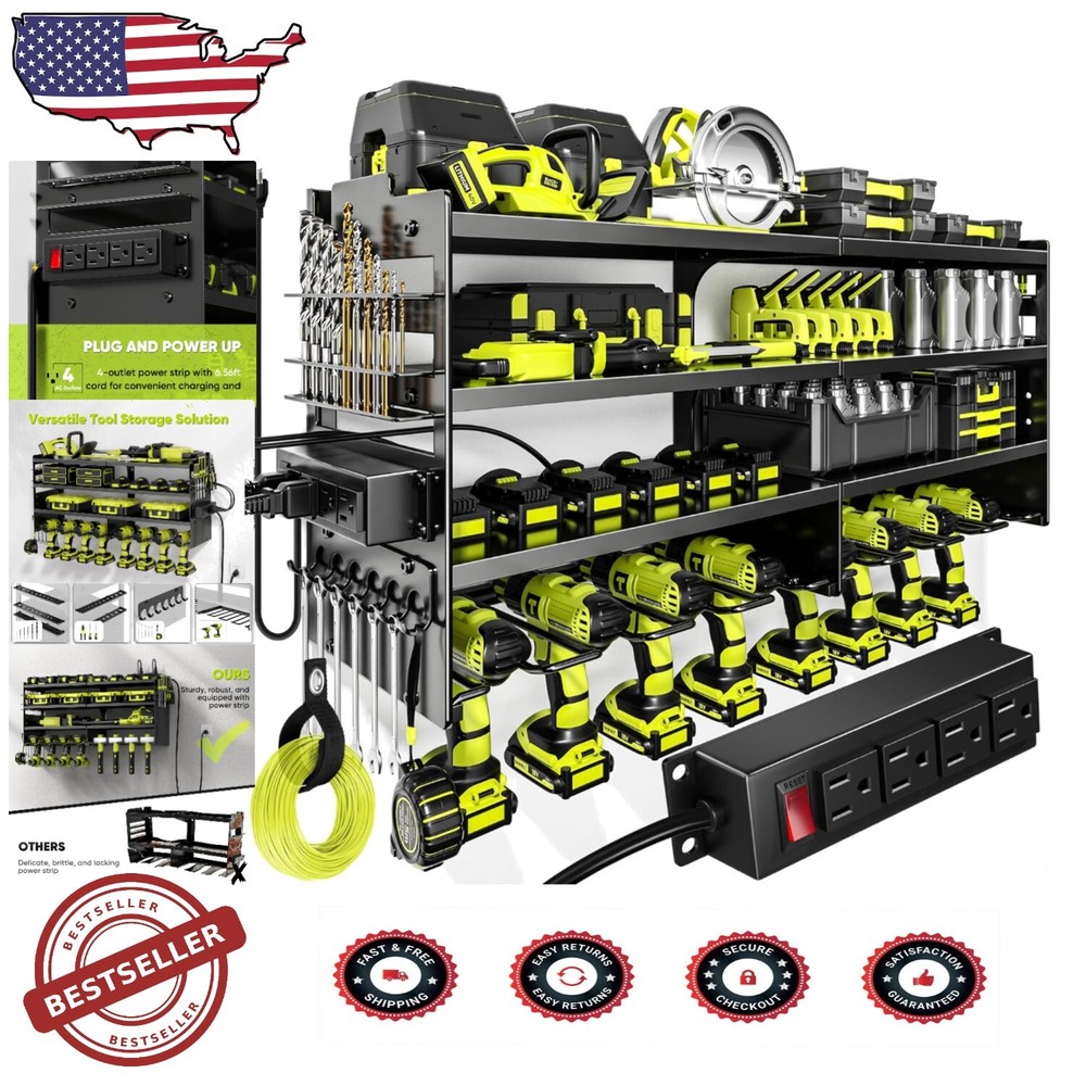 Heavy-Duty Garage Tool Organizer with 4-Outlet Power Strip - Rustproof & Durable