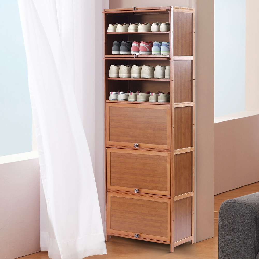 10-Tier Shoe Rack Bookshelf with Sliding Cabinet Doors