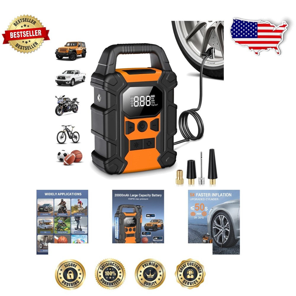 150 PSI Cordless Tire Inflator with LED Light, Portable Air Compressor for Cars