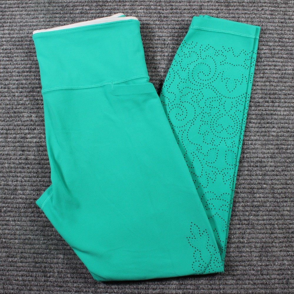 Athleta Laser Cut High Rise Leggings Green Small Floral Swirl Detail