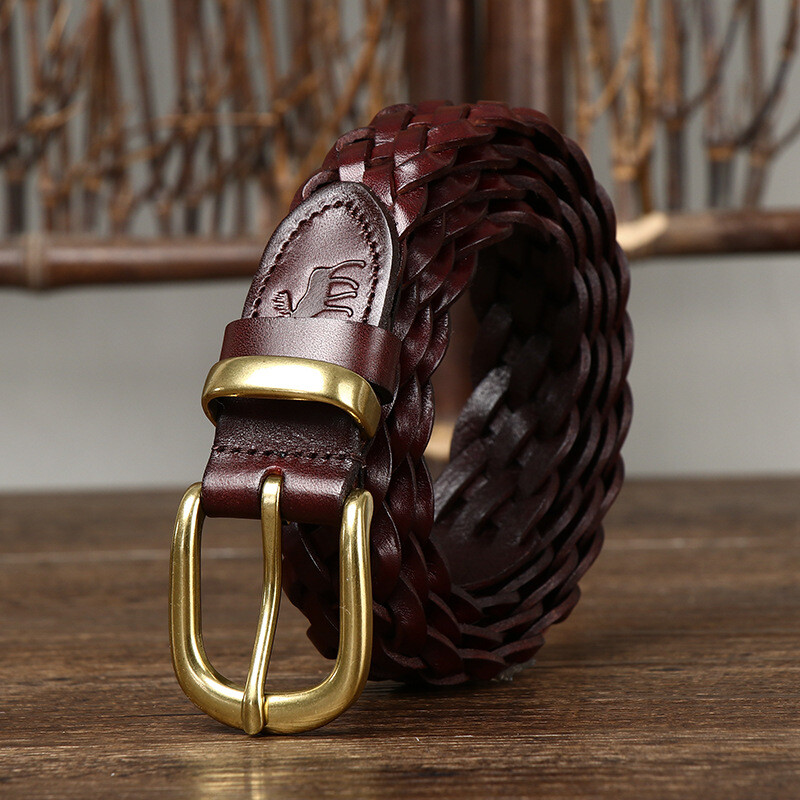 Genuine Leather Belts for Women Handmade Woven Top Grain Cowhide Pin Buckle