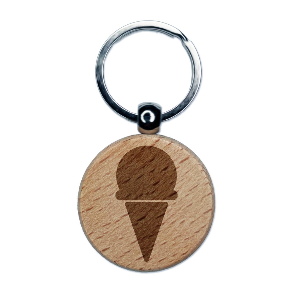 Ice Cream Cone Silhouette Engraved Wood Round Keychain Tag Charm