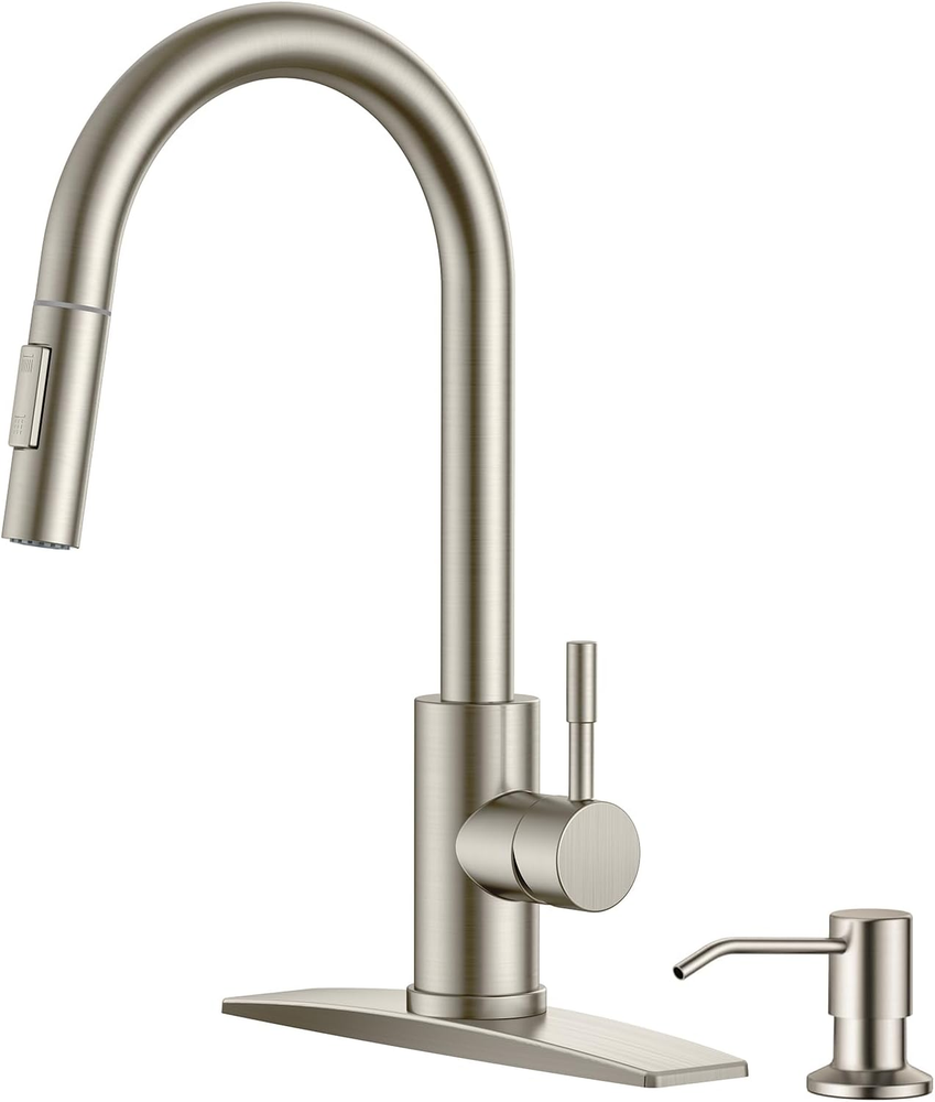 Brushed Nickel High Arc Modern Kitchen Faucet with Soap Dispenser