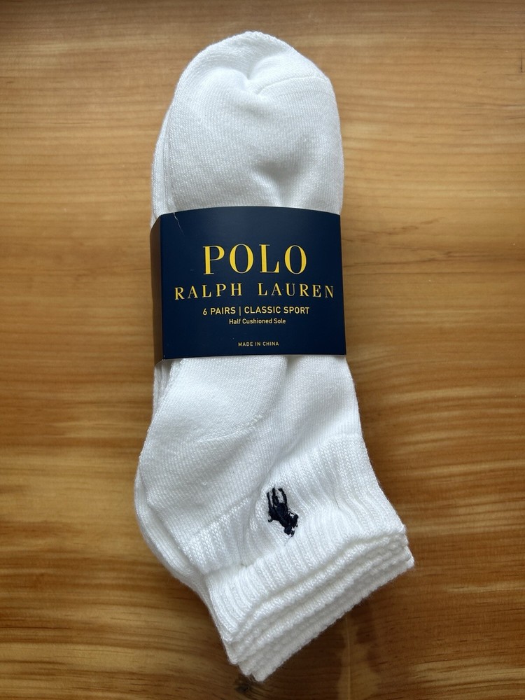 Polo Ralph Lauren Athletic 6-Pair Men's Quarter Crew Socks White With Black Pony