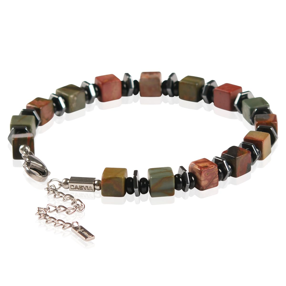 Original Beaded Men's Bracelet in Picasso Jasper, Hematite, and Black Onyx