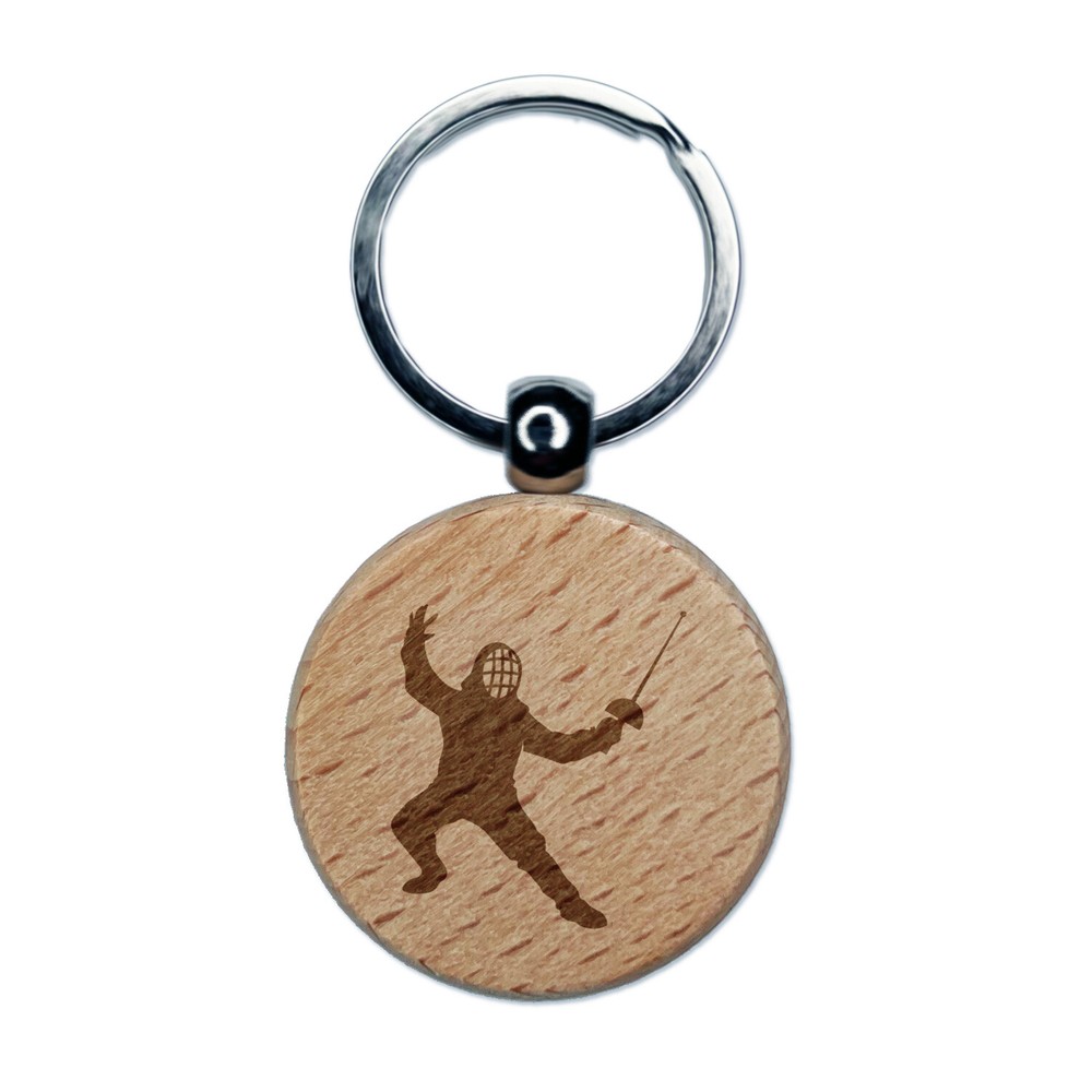 Fencer Holding Fencing Swords Engraved Wood Round Keychain Tag Charm