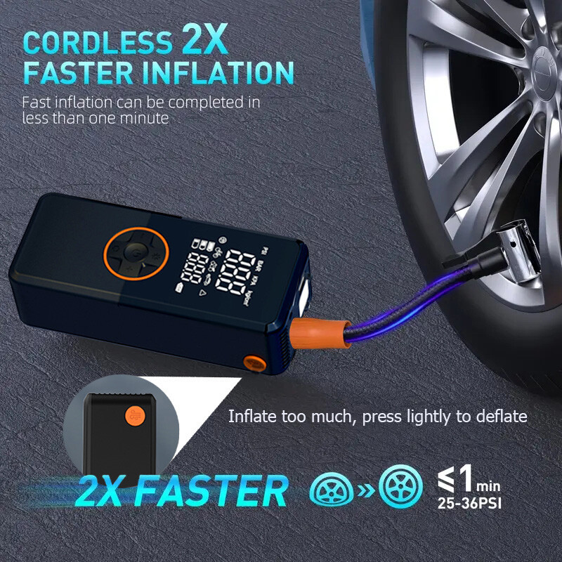 Portable Wireless Car Tire Inflator 20L/min Fast Auto Air Pump Compressor 3L Capacity