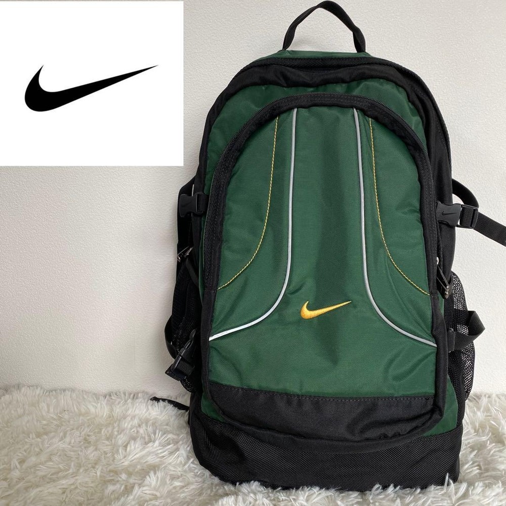 Nike Y2K Tech Backpack with Green Logo Embroidery Black Vintage Men Bag