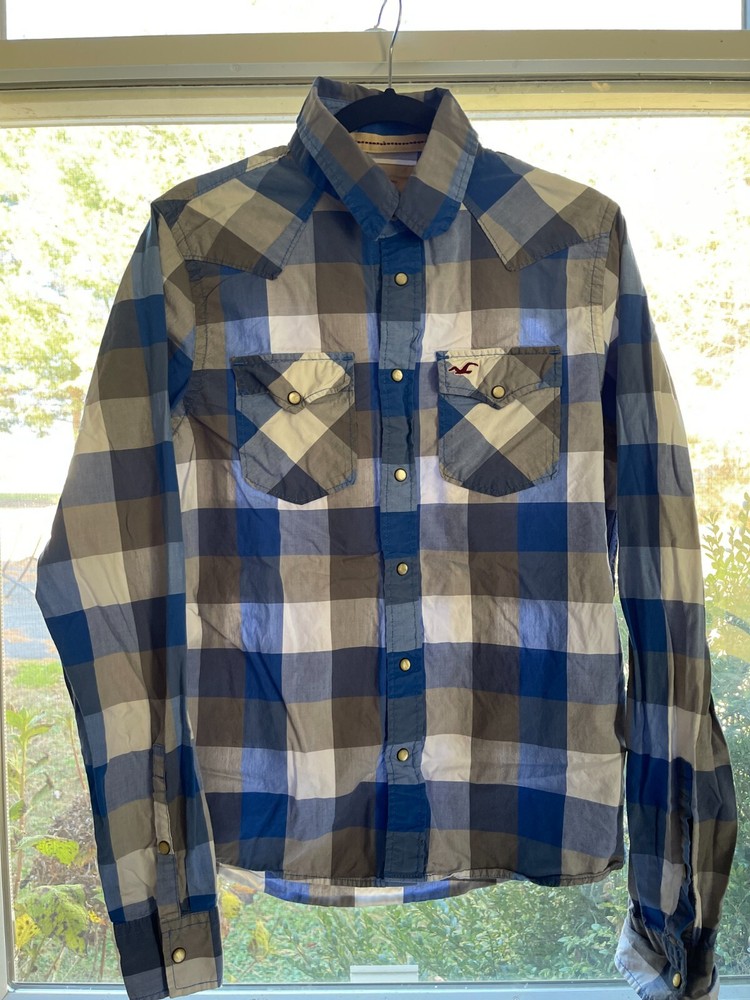 Hollister mens blue-white checkered plaid long sleeve button down shirt - size M