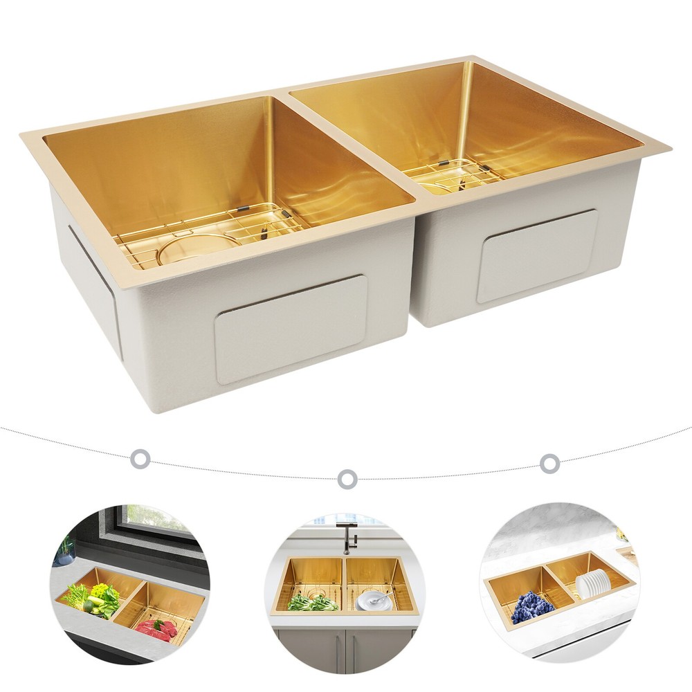 Double Bowl 304 Stainless Steel Kitchen Sink with Grid and Drainer-image