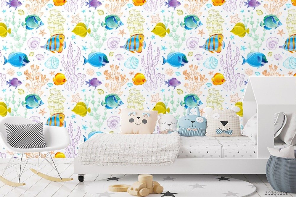 3D Coral Fish Watercolor Pattern Wall Murals Wallpaper Murals Wall Sticker