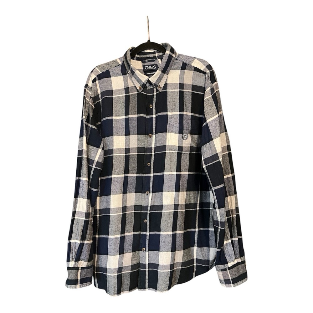 CHAPS  Shirt Men Size XXL Performance Flannel Blue/White Plaid Button Down