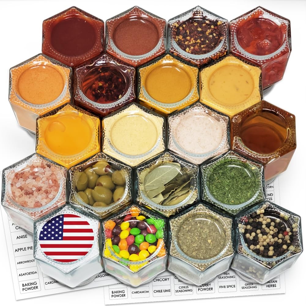 20-Pack 4oz Hexagon Glass Spice Jars with Magnetic Lids for Fridge Storage