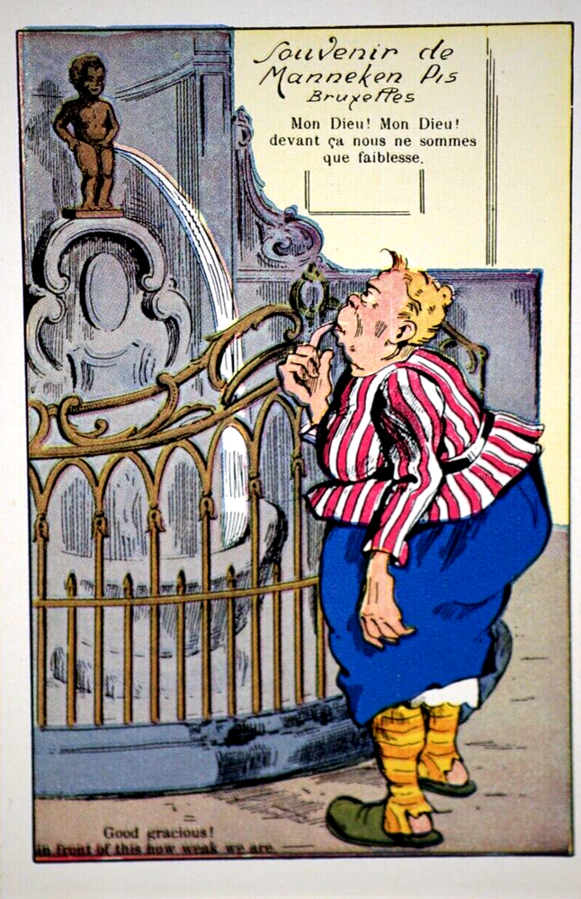 Postcard Belgium Comic Manneken-Pis Brussels Fat Woman Staring at Pissing Statue