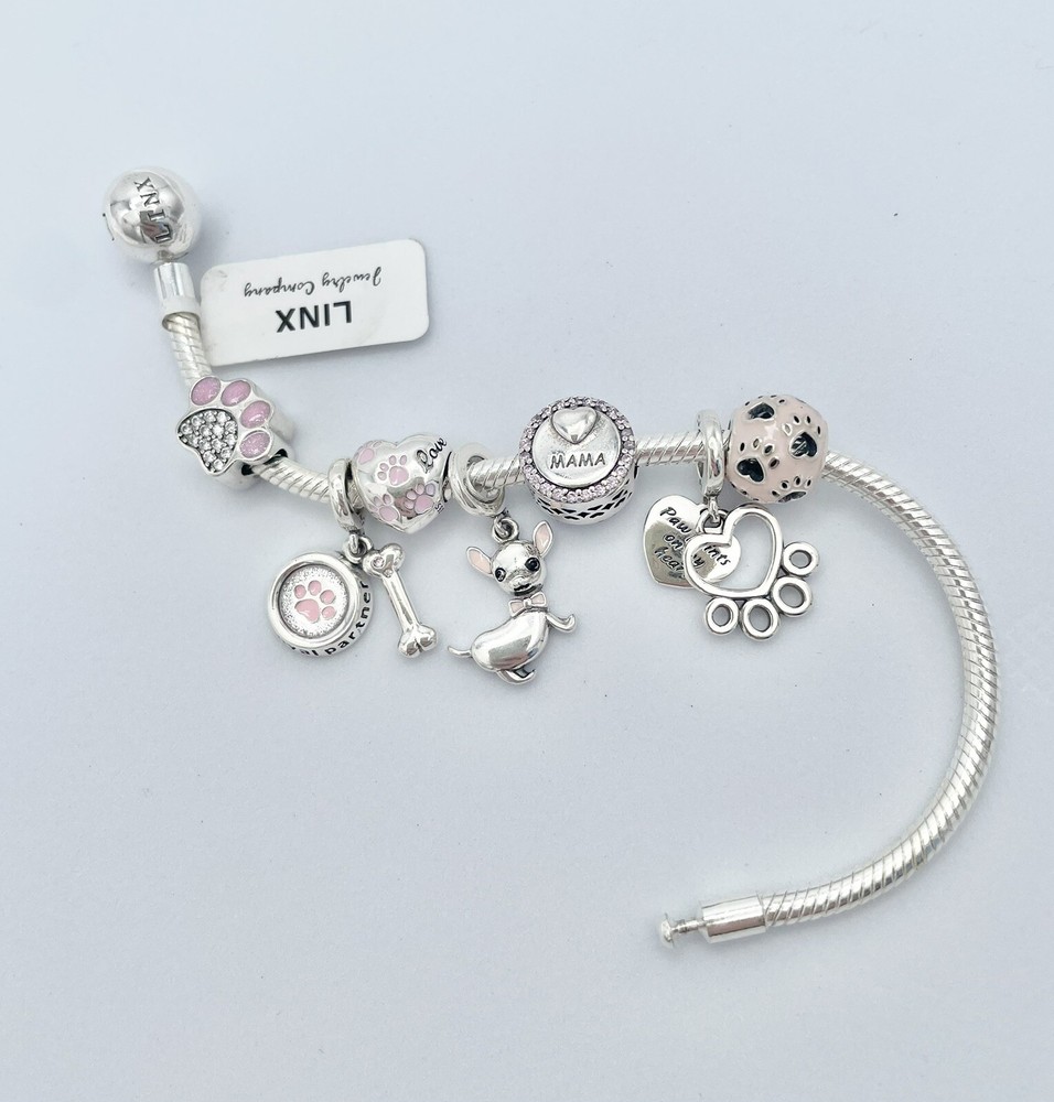 Linx Silver Snake Chain Bracelet with Chihuahua Mama Charms 925 Sterling Silver