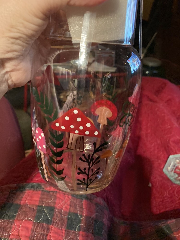 Hand Painted Floral Mushroom Glass Tumblers with Carafe Set