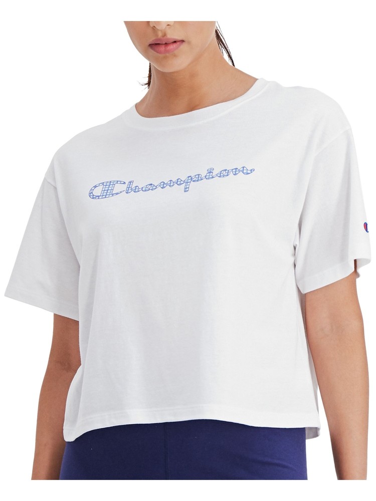 CHAMPION Womens White Loose Fit Logo Short Sleeve Crew Neck Crop Top L